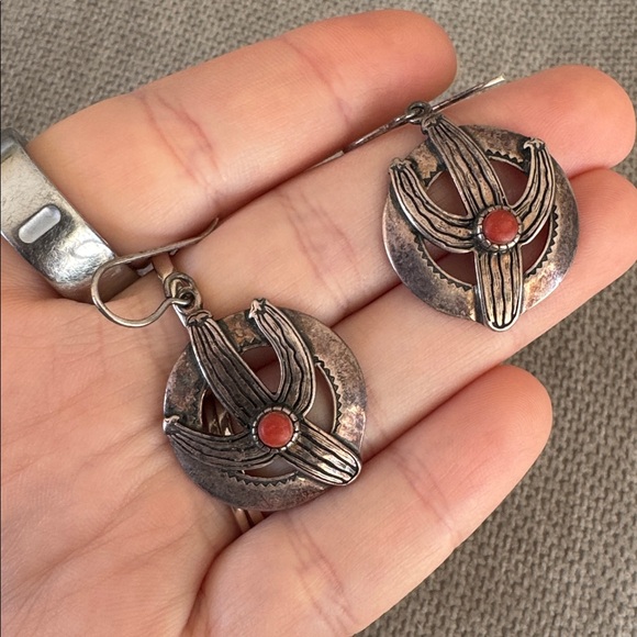Native American Sterling Silver and Coral Cactus Earrings - Picture 2 of 4